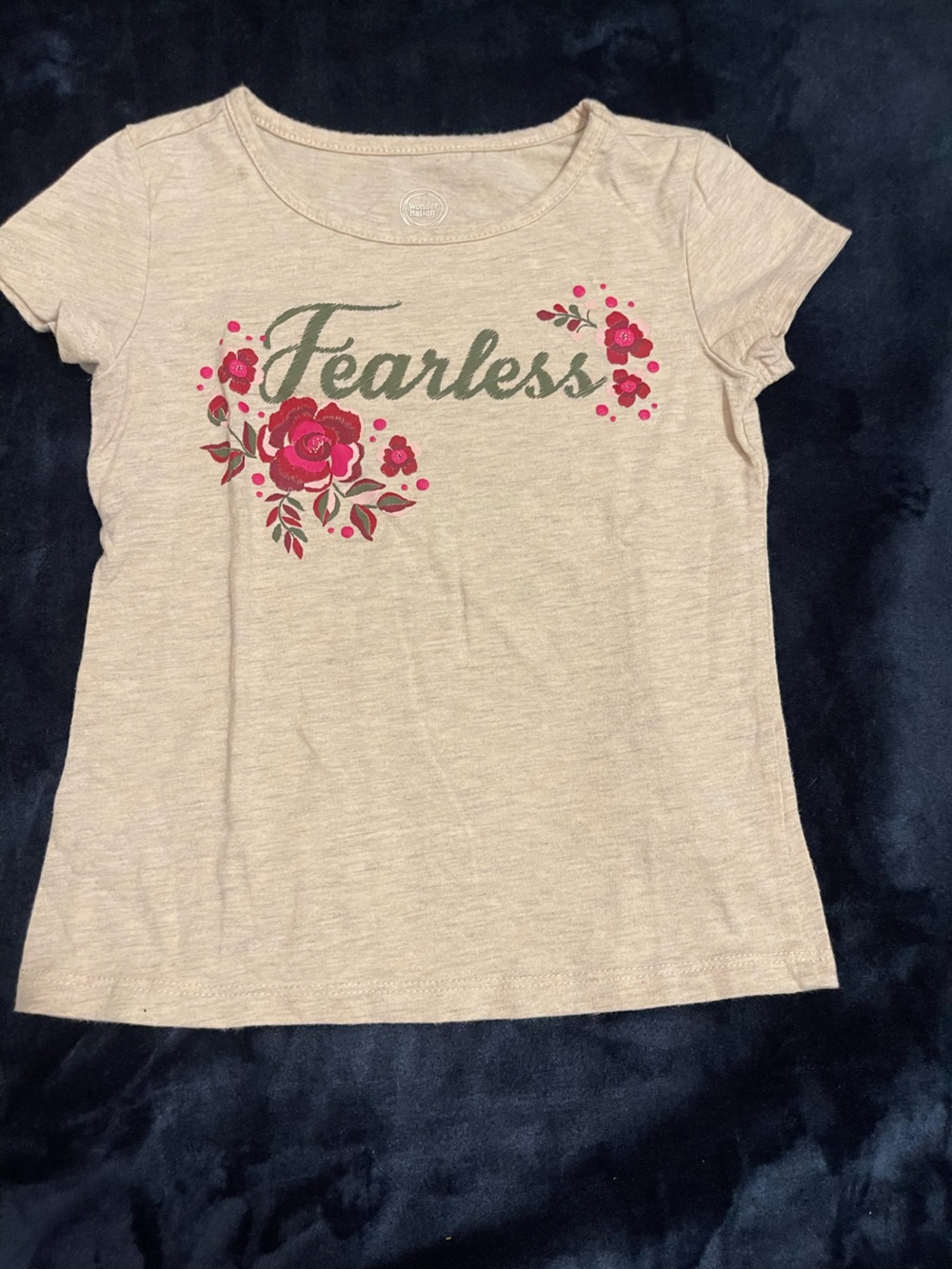wonder nation Beige Tee with Pink Floral 'Fearless' Script